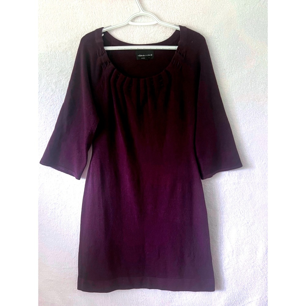 Connected Apparel Women Plum Purple Sweater Dress 3/4 Sleeve Scoop Neck Size M